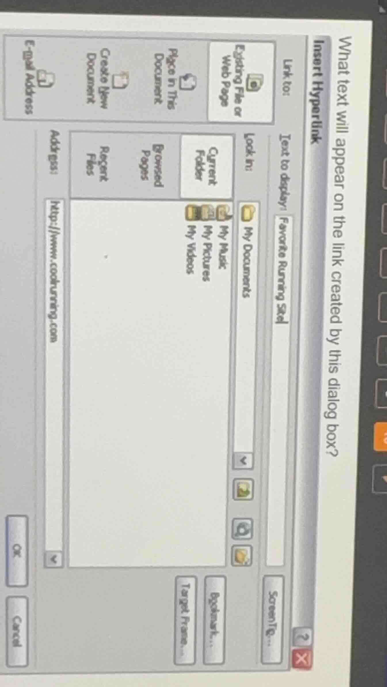 what text will appear on the link created by this dialog box?