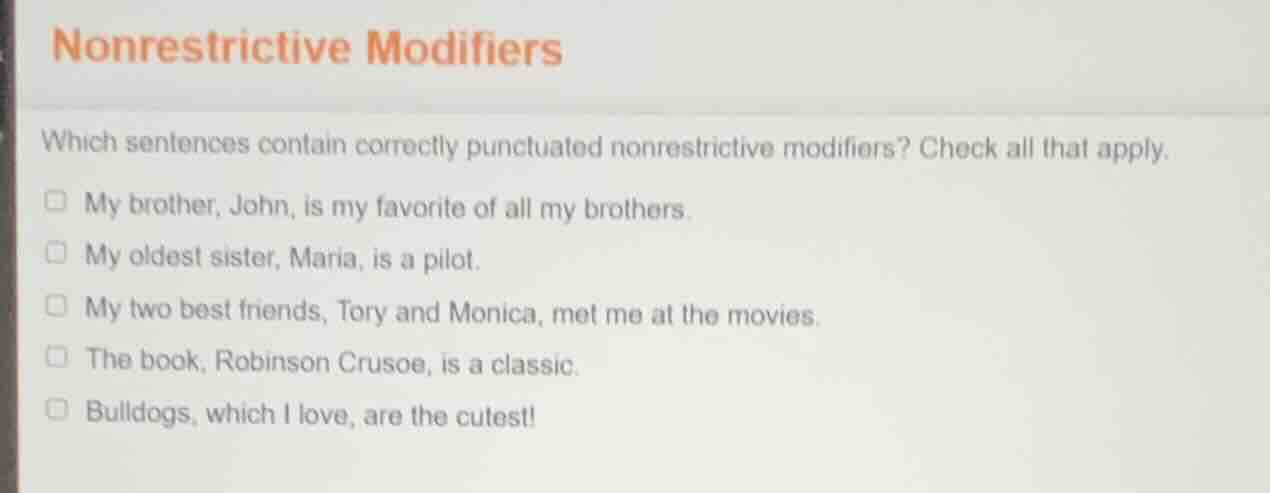 nonrestrictive modifiers which sentences contain correctly punctuated n…