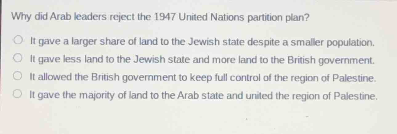 why did arab leaders reject the 1947 united nations partition plan?it g…