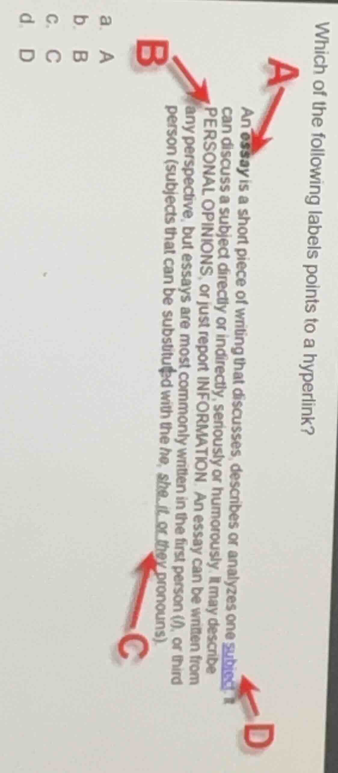 which of the following labels points to a hyperlink? an essay is a shor…