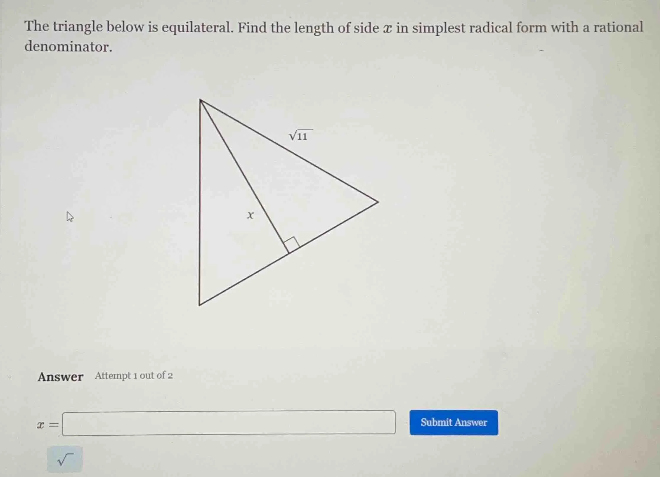 the triangle below is equilateral. find the length of side $x$ in simpl…