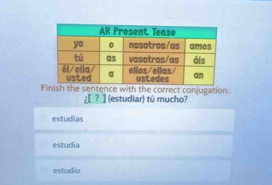 ar present tenseyo o nosotros/as amostú as vosotros/as áisél/ella/ uste…