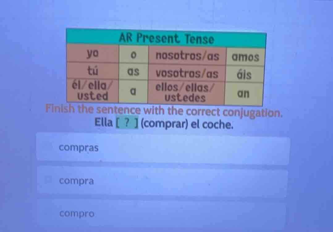 ar present tenseyo o nosotros/as amostú as vosotros/as áisél/ella/ uste…
