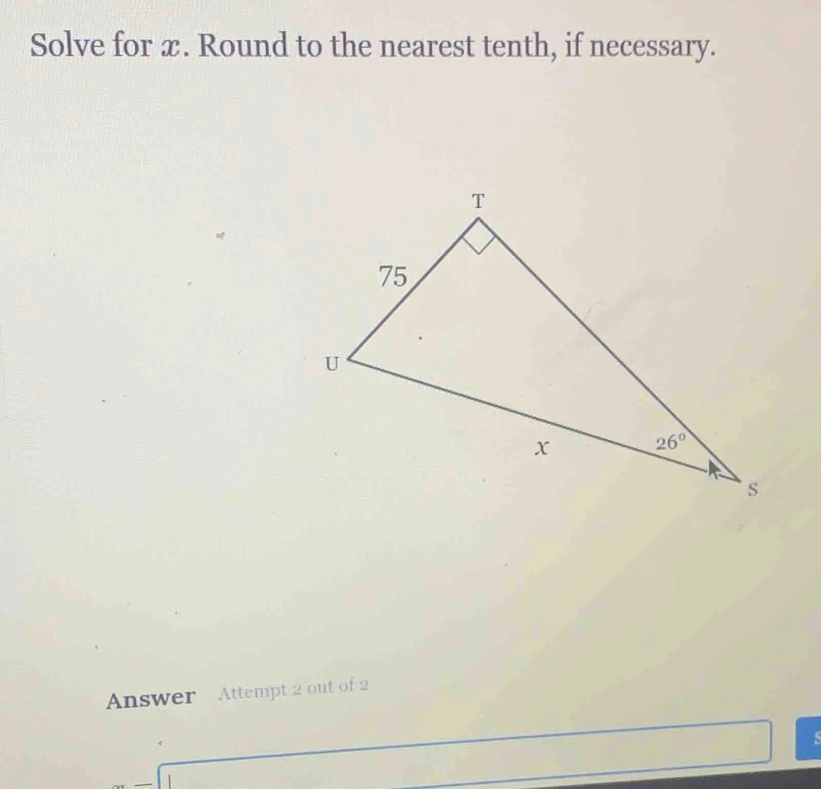 solve for $x$. round to the nearest tenth, if necessary. answer attempt…