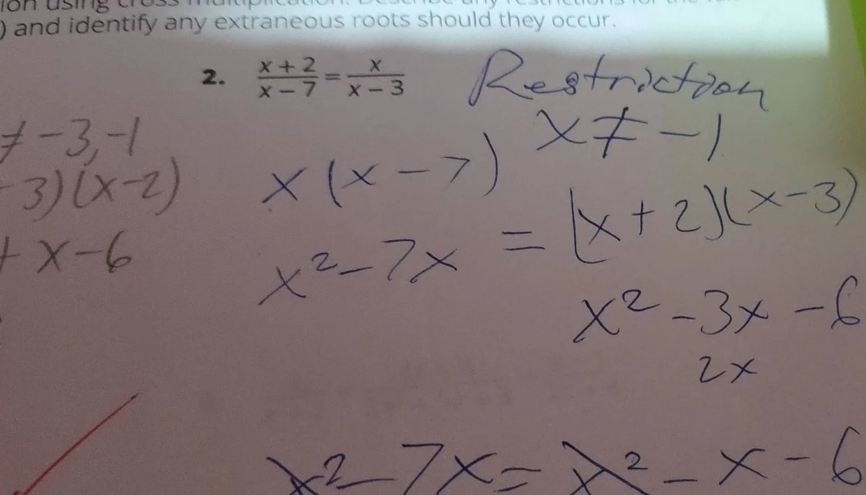 and identify any extraneous roots should they occur. 2. $\frac{x+2}{x-7…