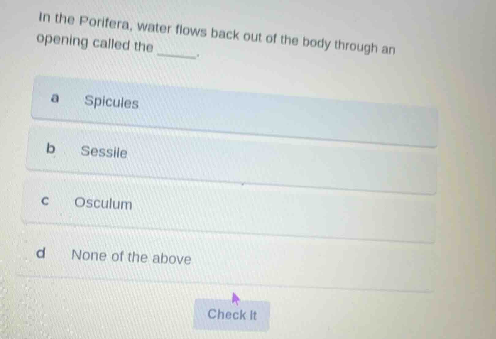 in the porifera, water flows back out of the body through an opening ca…