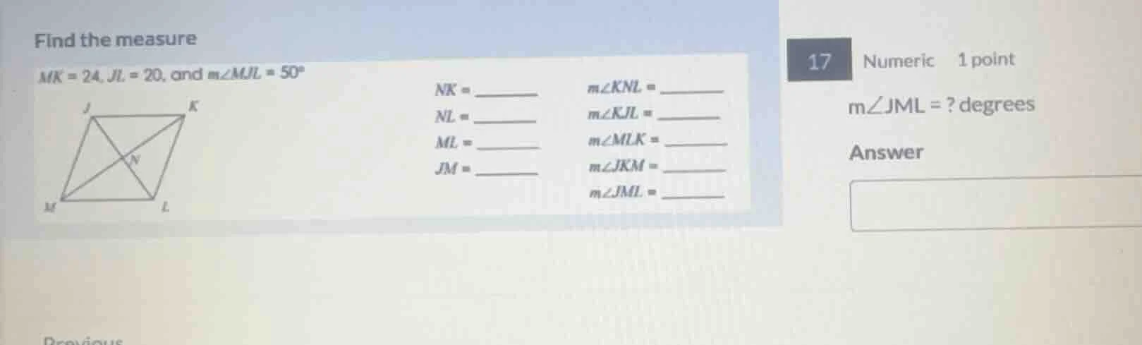 find the measure $mk = 24, jl = 20$, and $m\\angle mjl = 50^\\circ$ $nk…