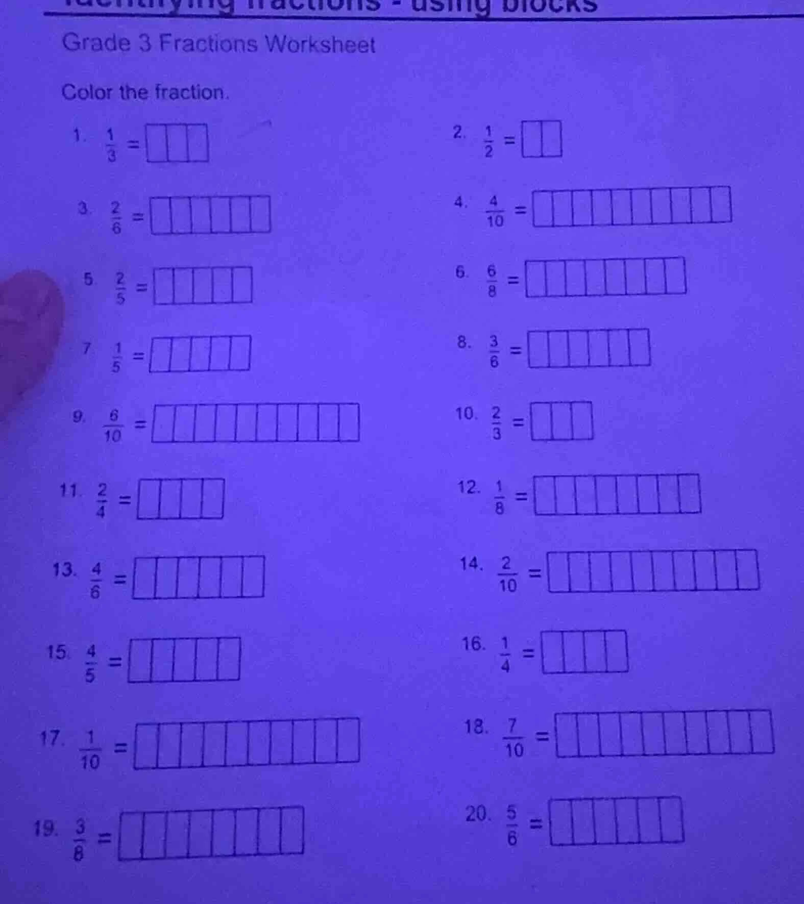 grade 3 fractions worksheet color the fraction. 1. $\frac{1}{3}$ 2. $\f…