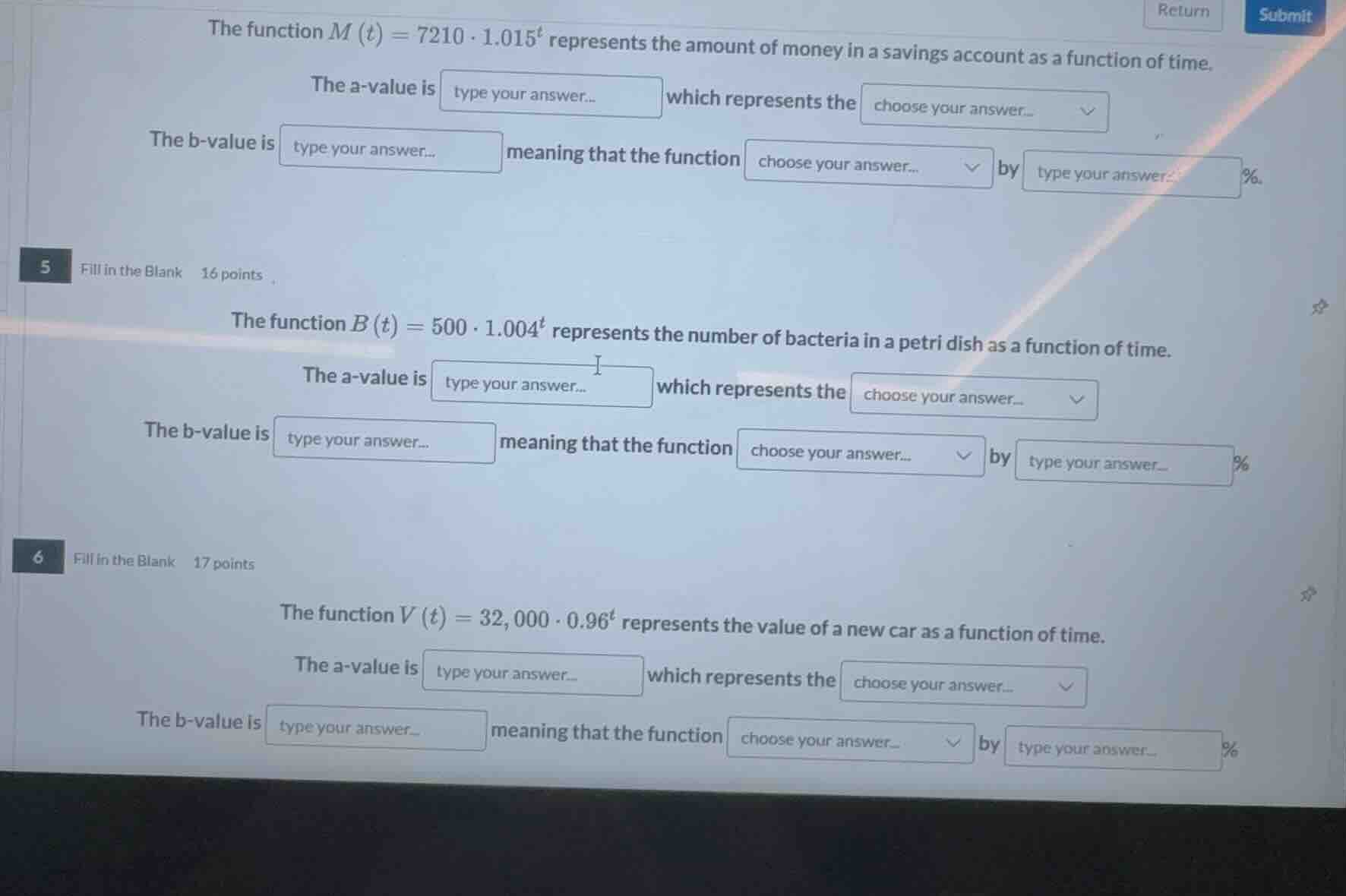 the function $m(t)=7210 \\cdot 1.015^{t}$ represents the amount of mone…
