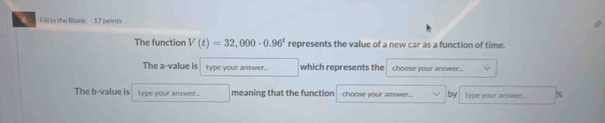 fill in the blank 17 points the function $v(t)=32,000 \\cdot 0.96^{t}$ …