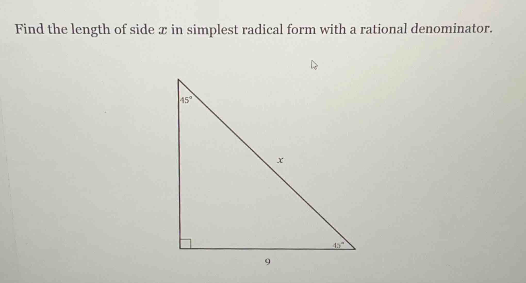 find the length of side $x$ in simplest radical form with a rational de…