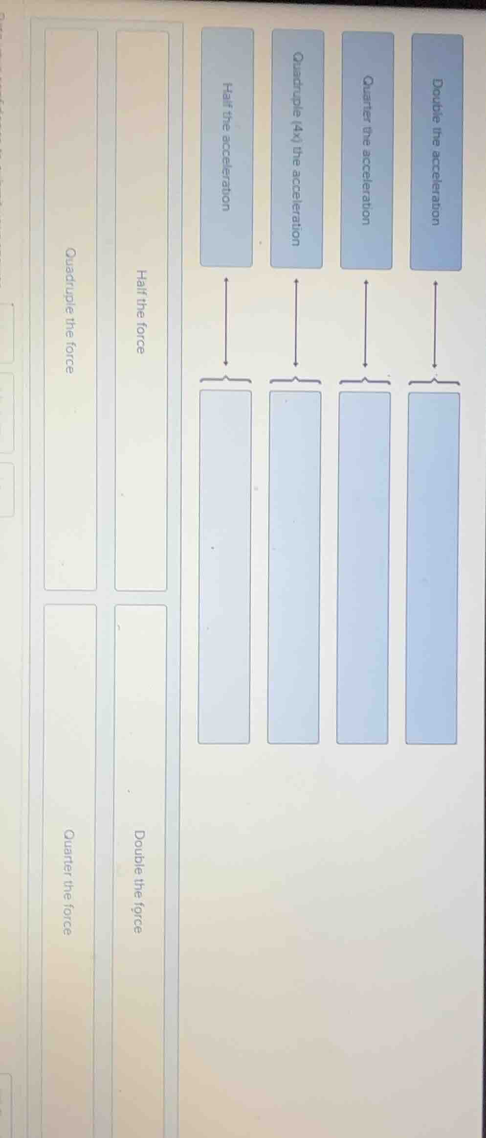 match the following force changes to the corresponding acceleration cha…