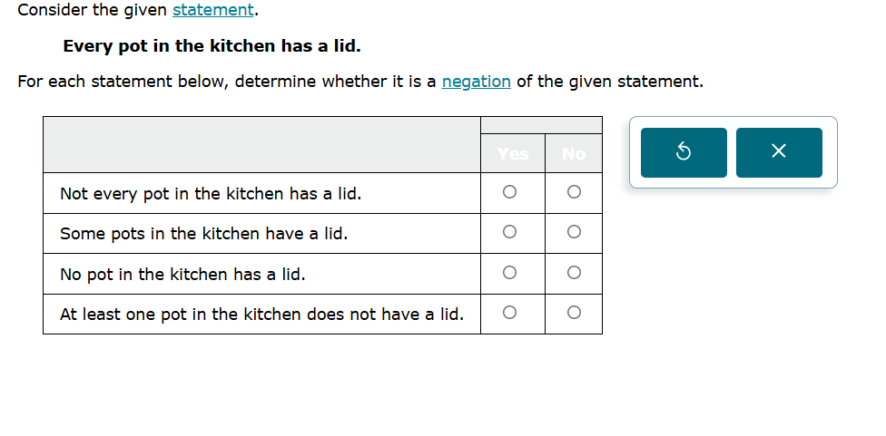 consider the given statement. every pot in the kitchen has a lid. for e…