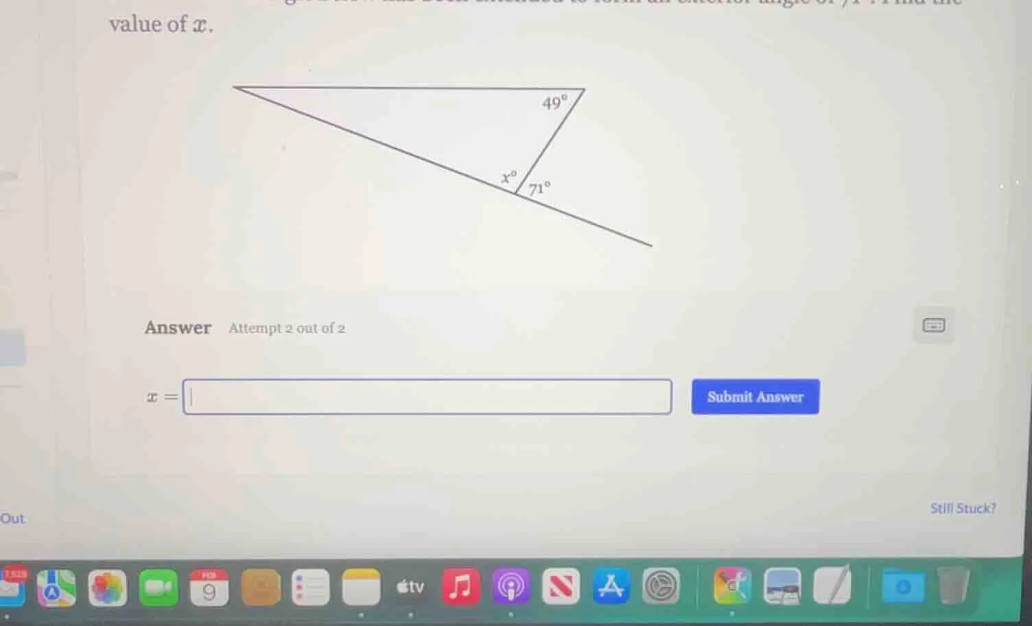 value of $x$. answer attempt 2 out of 2 $x = $ submit answer
