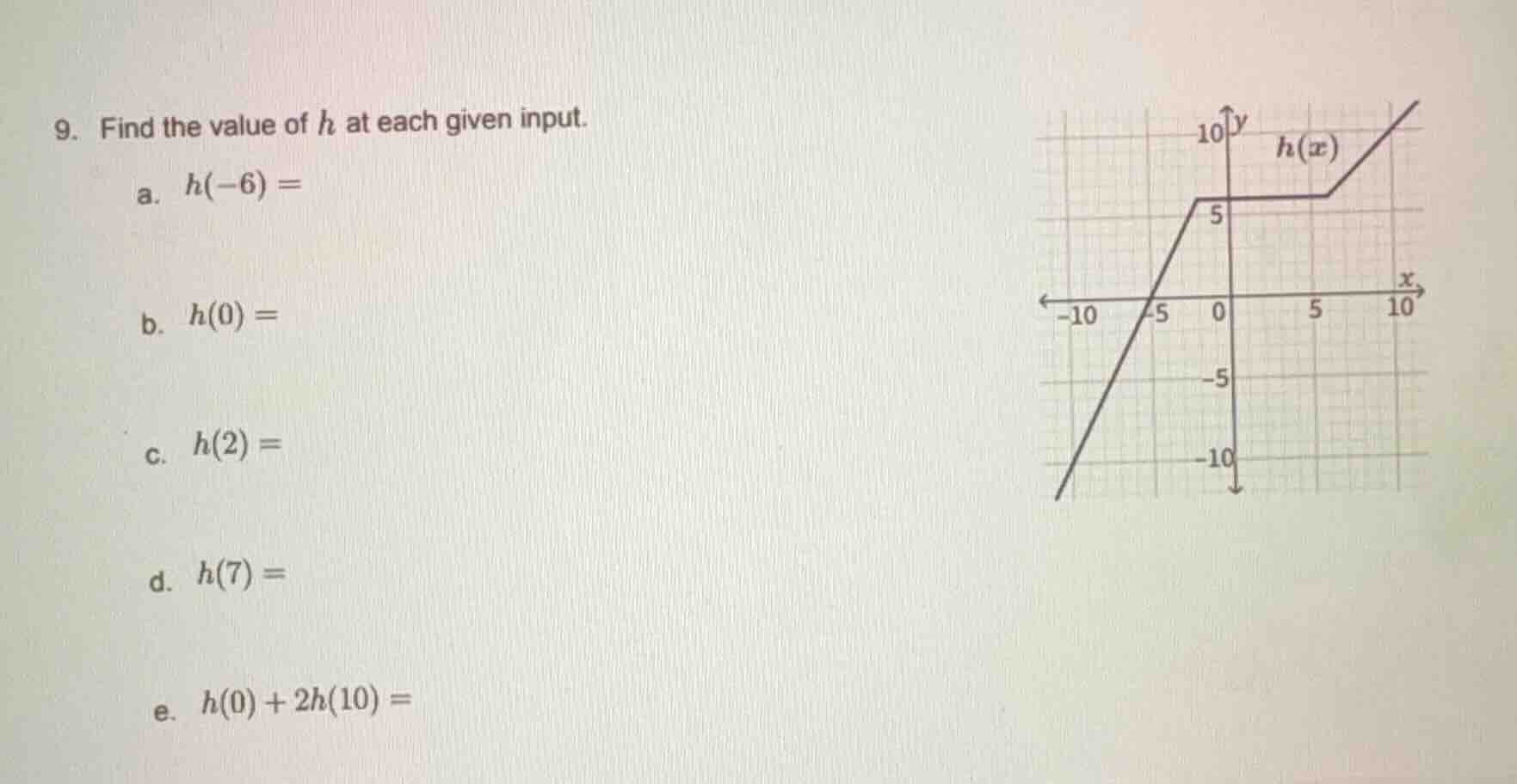 9. find the value of $h$ at each given input. a. $h(-6) =$ b. $h(0) =$ …