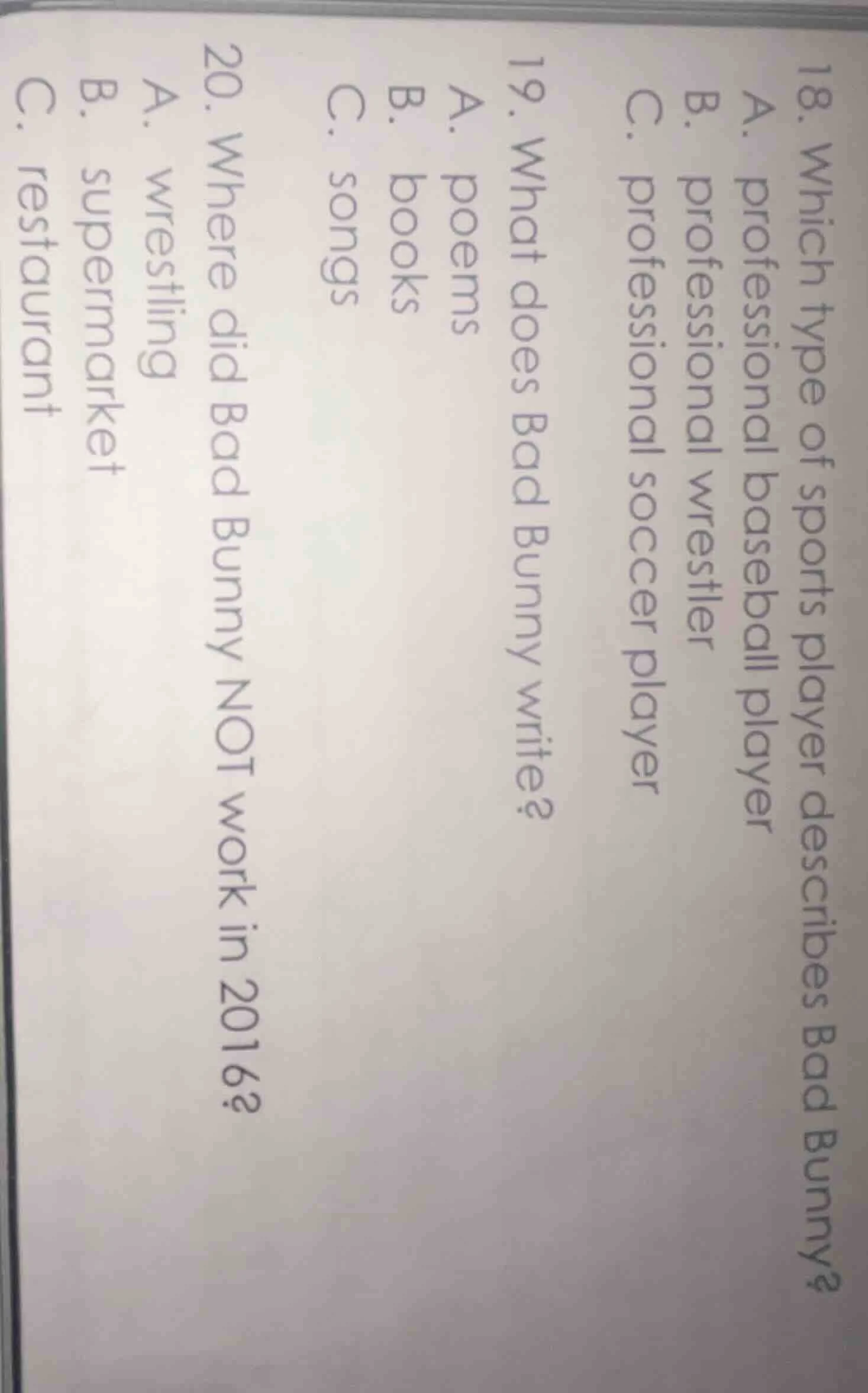 18. which type of sports player describes bad bunny? a. professional ba…