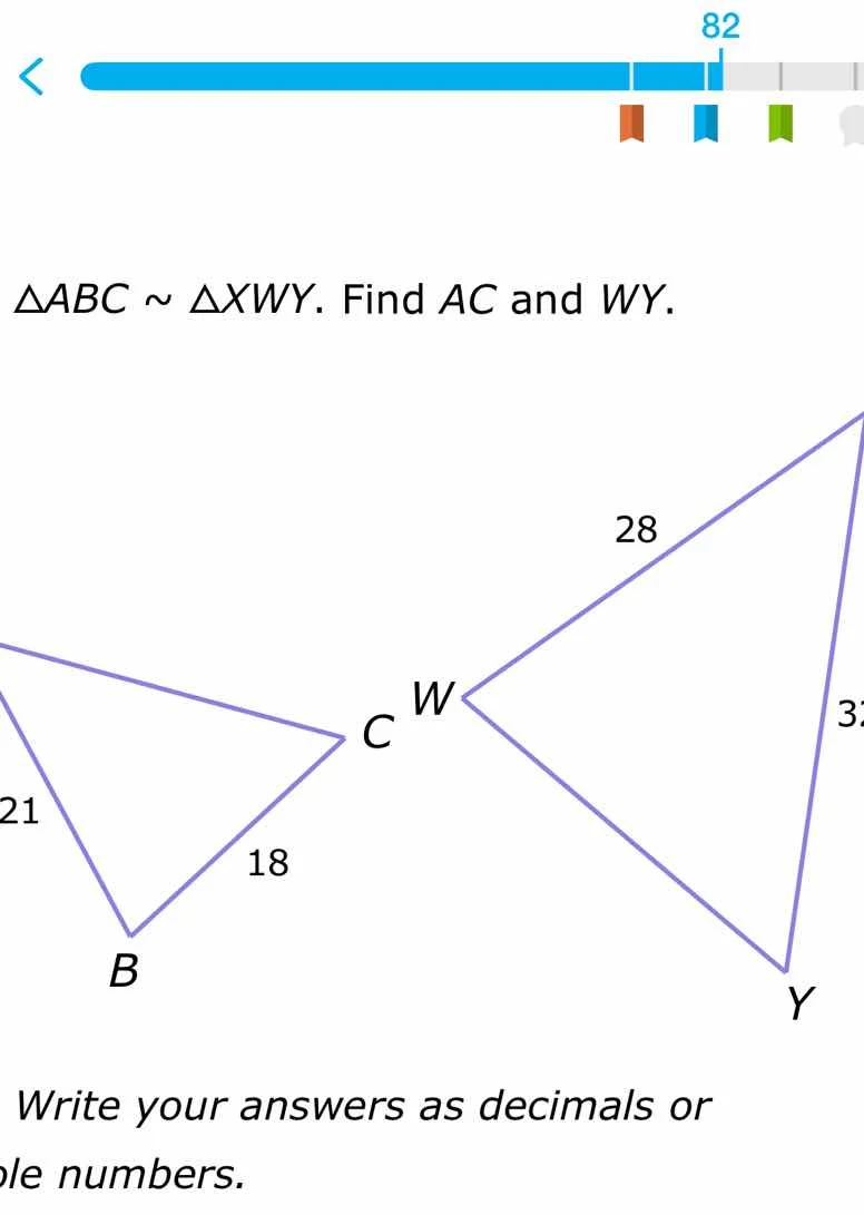 $\\triangle abc \\sim \\triangle xwy$. find $ac$ and $wy$. 21 18 28 3 w…