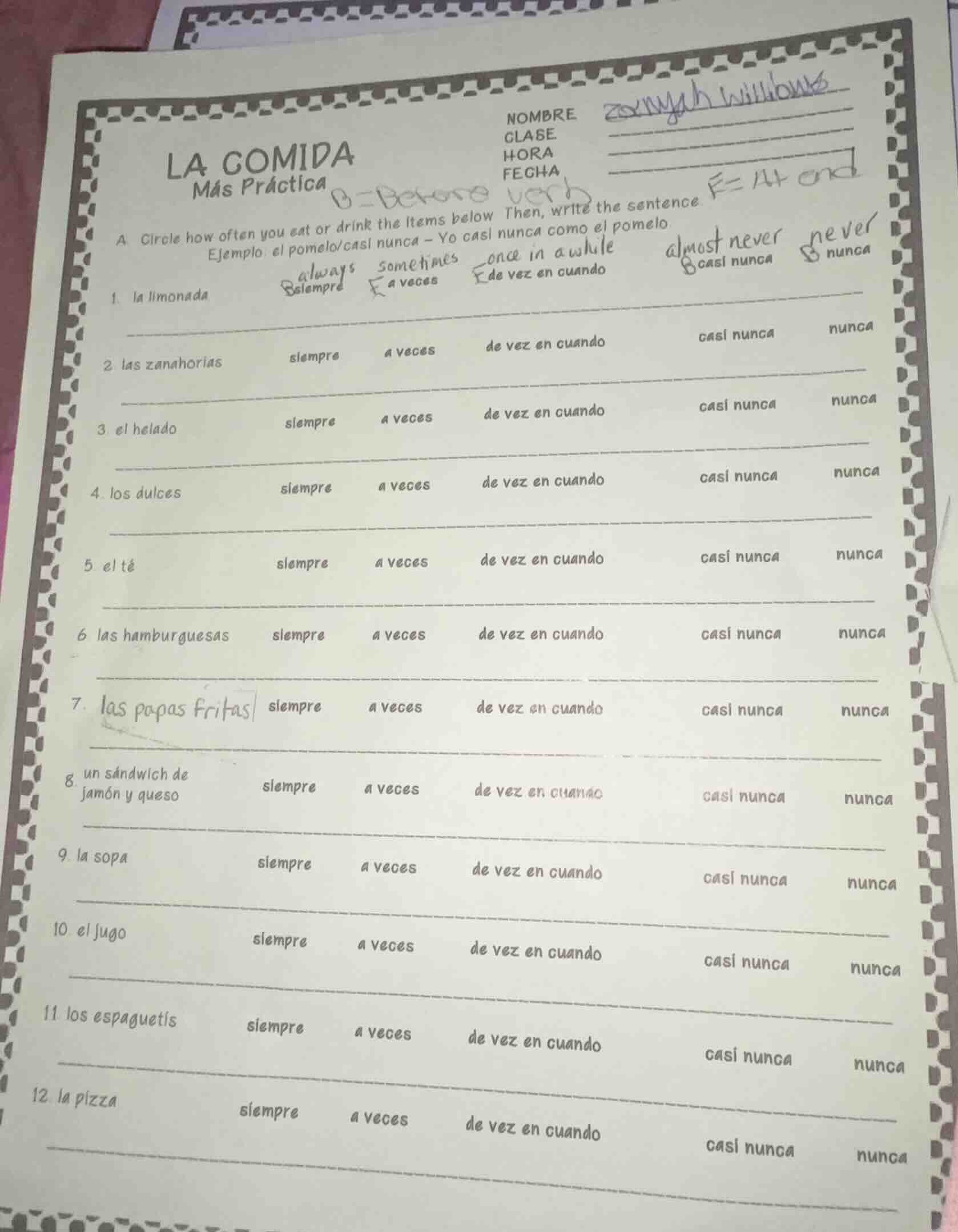 la comida más práctica nombre clase hora fecha a. circle how often you …