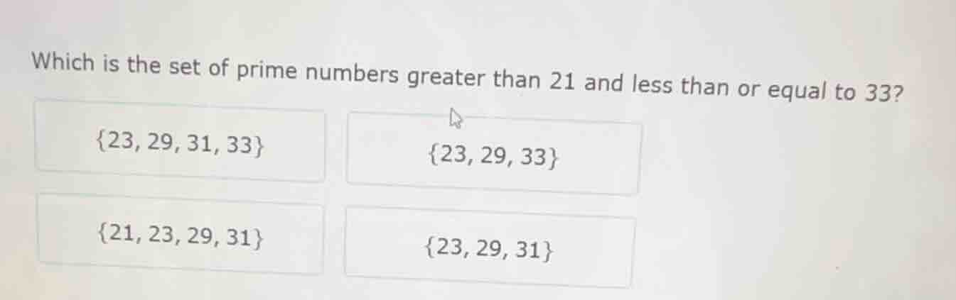 which is the set of prime numbers greater than 21 and less than or equa…