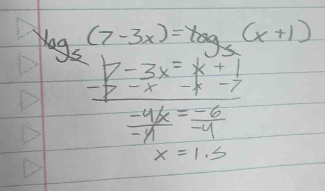 $\\log_{5}(7-3x)=\\log_{5}(x+1)$ $7-3x=x+1$ $-7 -x -7$ $\\frac{-4x}{-4}…