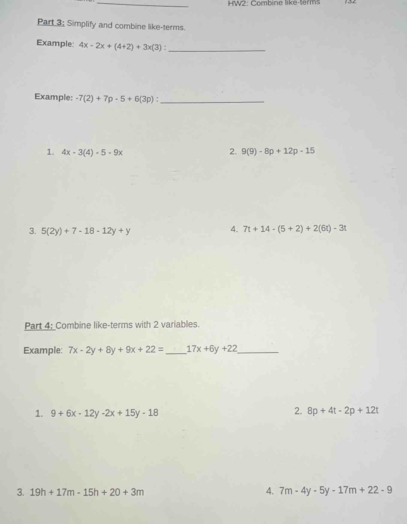 hw2: combine like-terms part 3: simplify and combine like-terms. exampl…