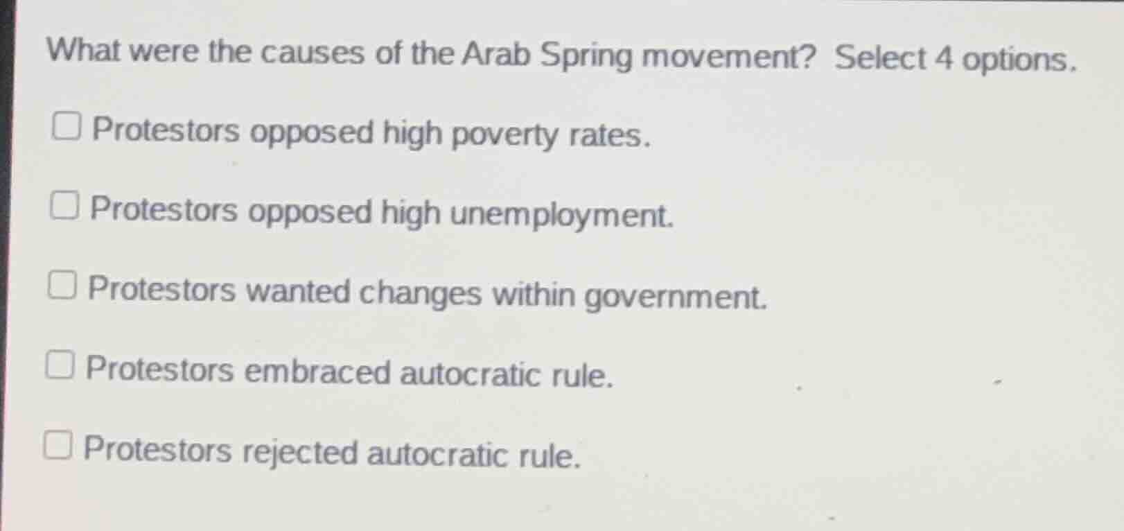 what were the causes of the arab spring movement? select 4 options. pro…