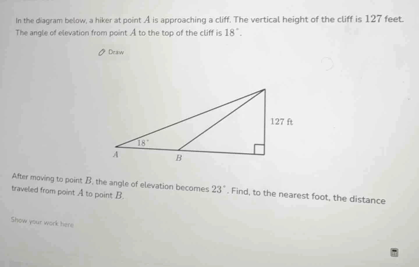 in the diagram below, a hiker at point $a$ is approaching a cliff. the …