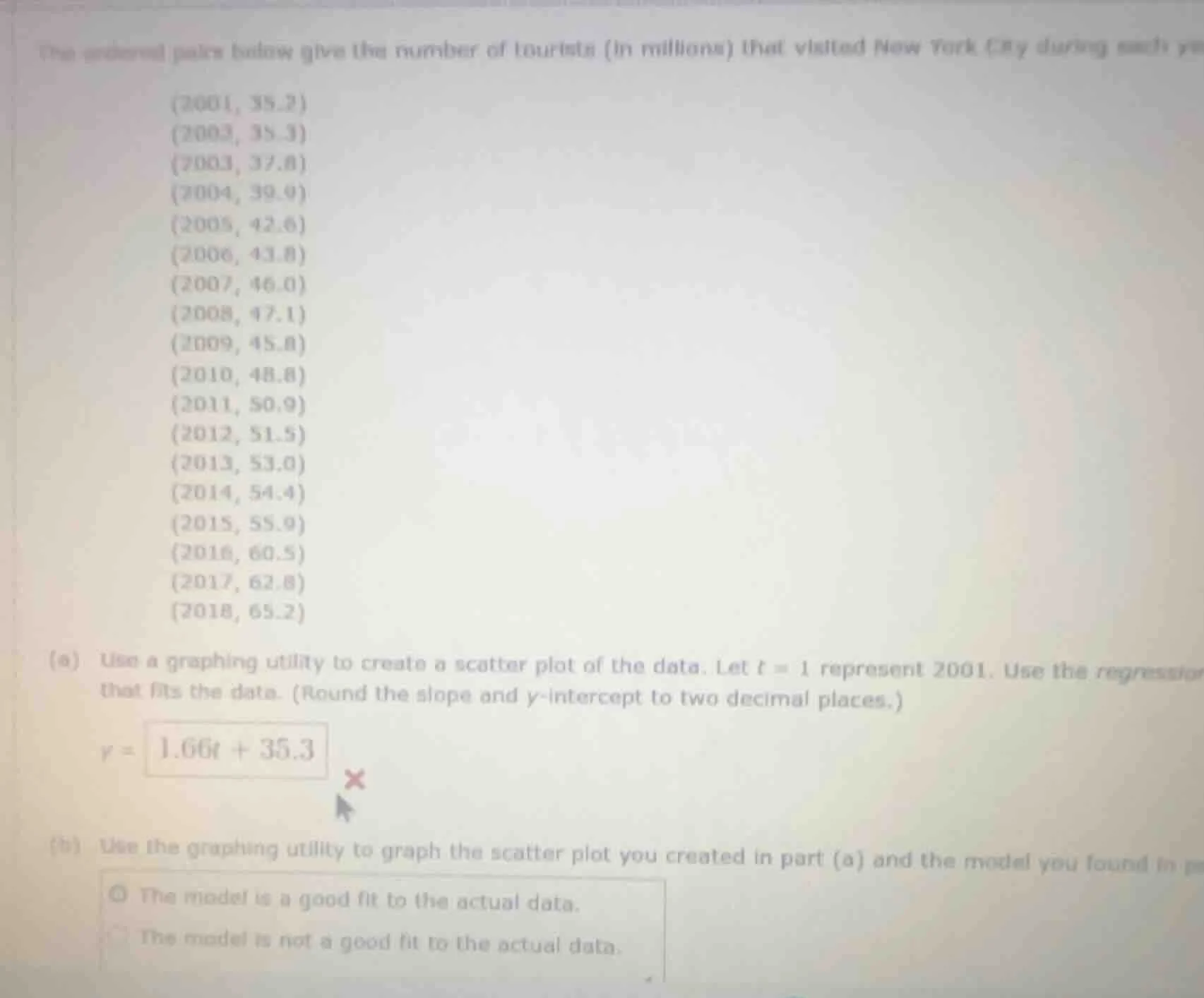 the ordered pairs below give the number of tourists (in millions) that …