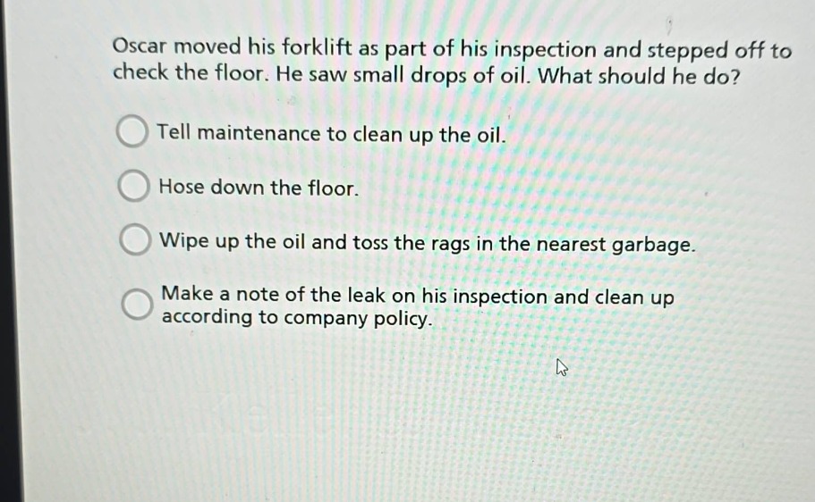 oscar moved his forklift as part of his inspection and stepped off to c…