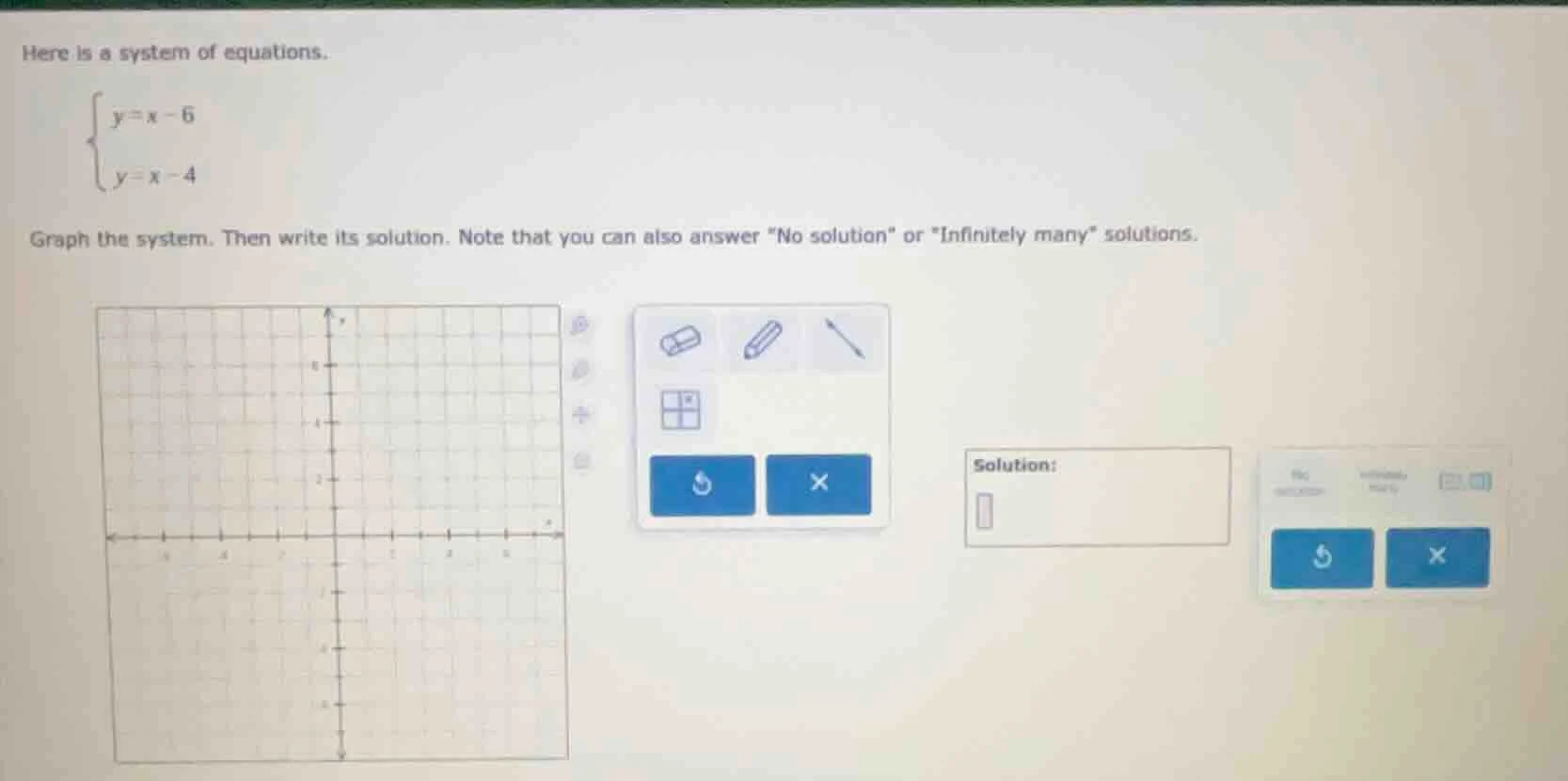 here is a system of equations.$\begin{cases} y=x-6 \\ y=x-4 end{cases}$…
