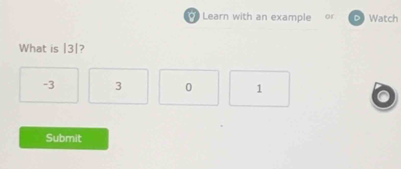 learn with an example or watch what is $|3|$ -3 3 0 1 submit