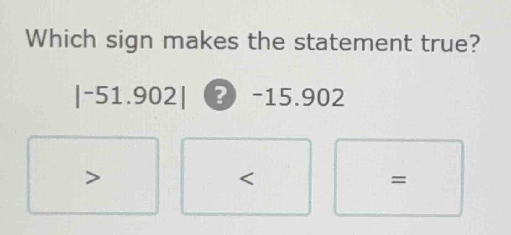 which sign makes the statement true? $|-51.902|$ ? $-15.902$ > < =