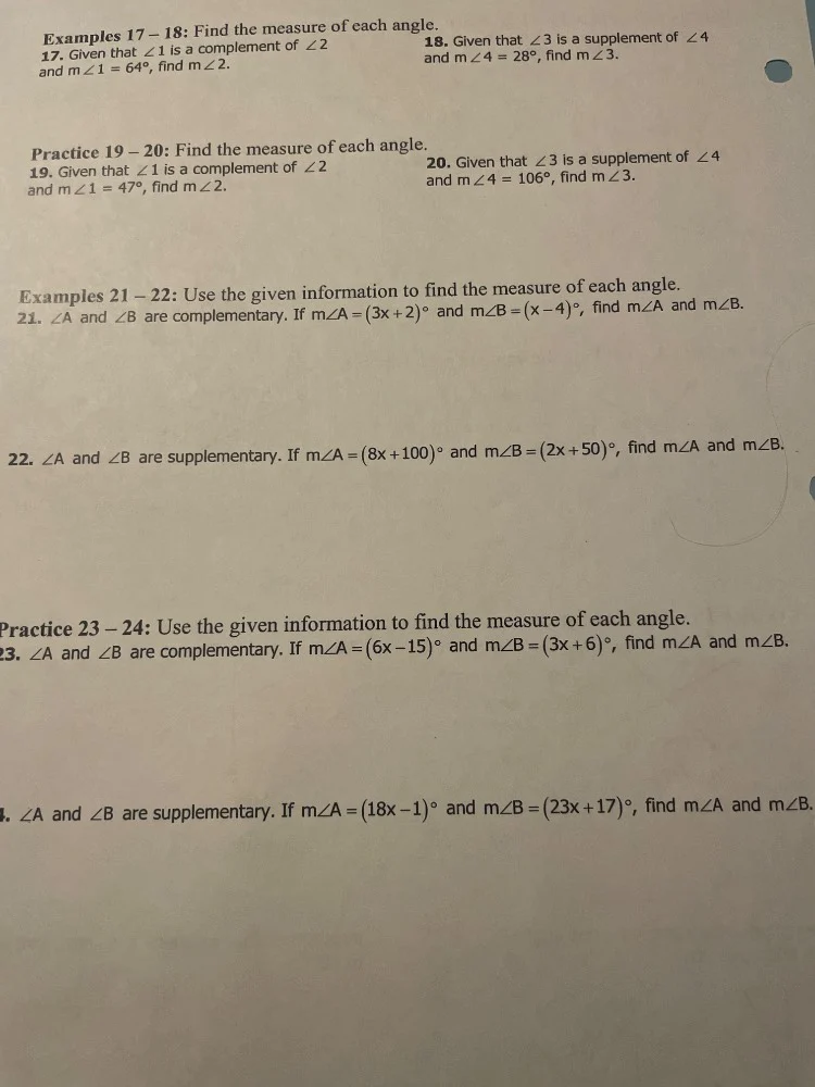examples 17 - 18: find the measure of each angle. 17. given that ∠1 is …