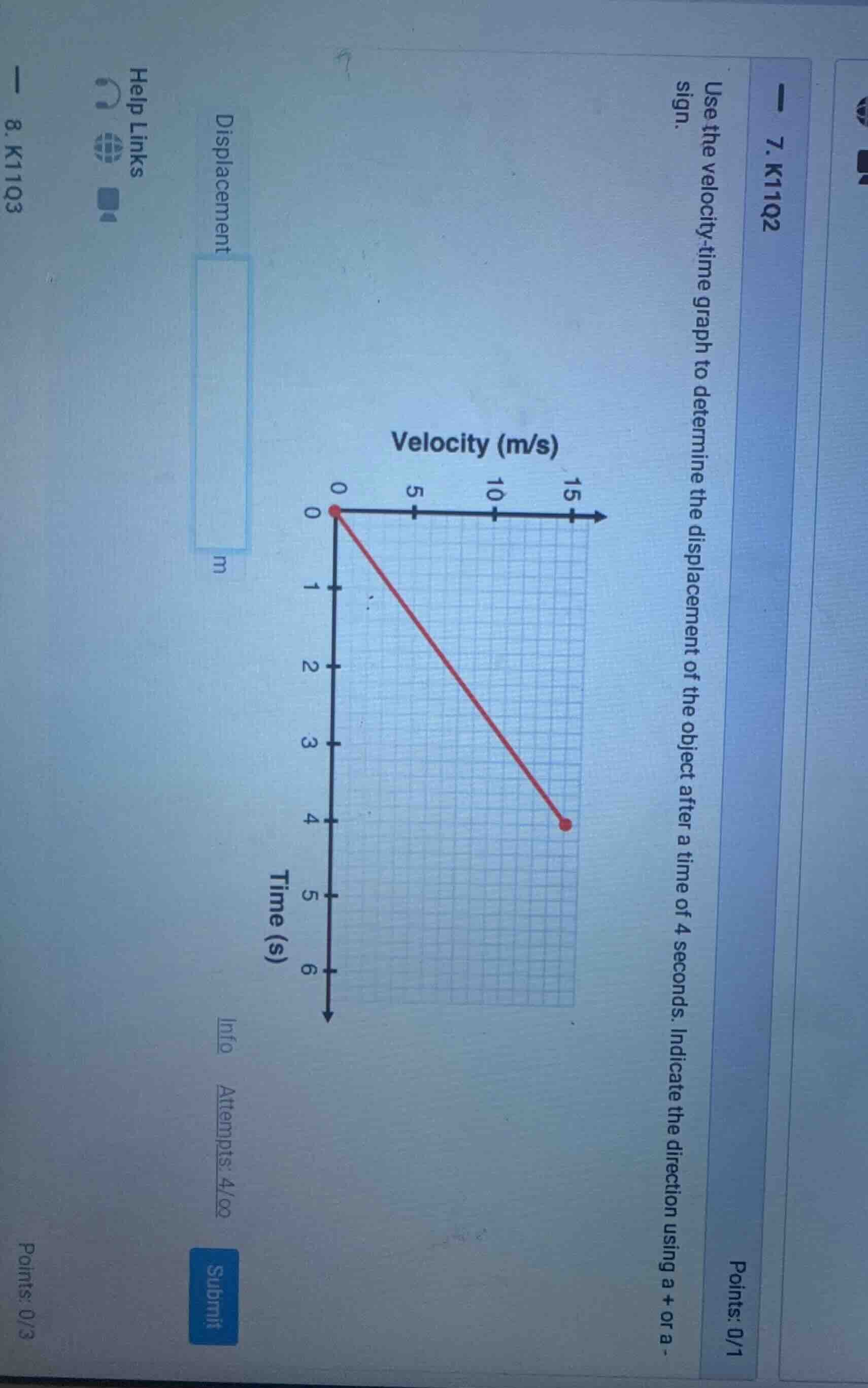 7. k11q2 points: 0/1 use the velocity-time graph to determine the displ…