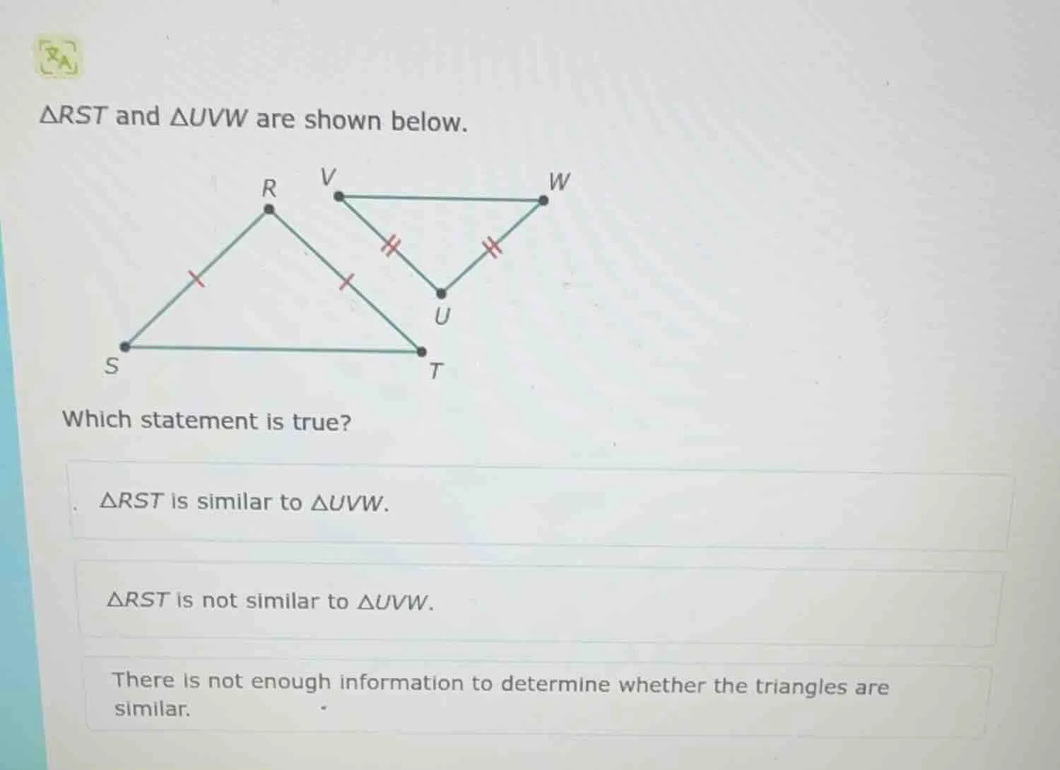 $\\triangle rst$ and $\\triangle uvw$ are shown below. which statement …