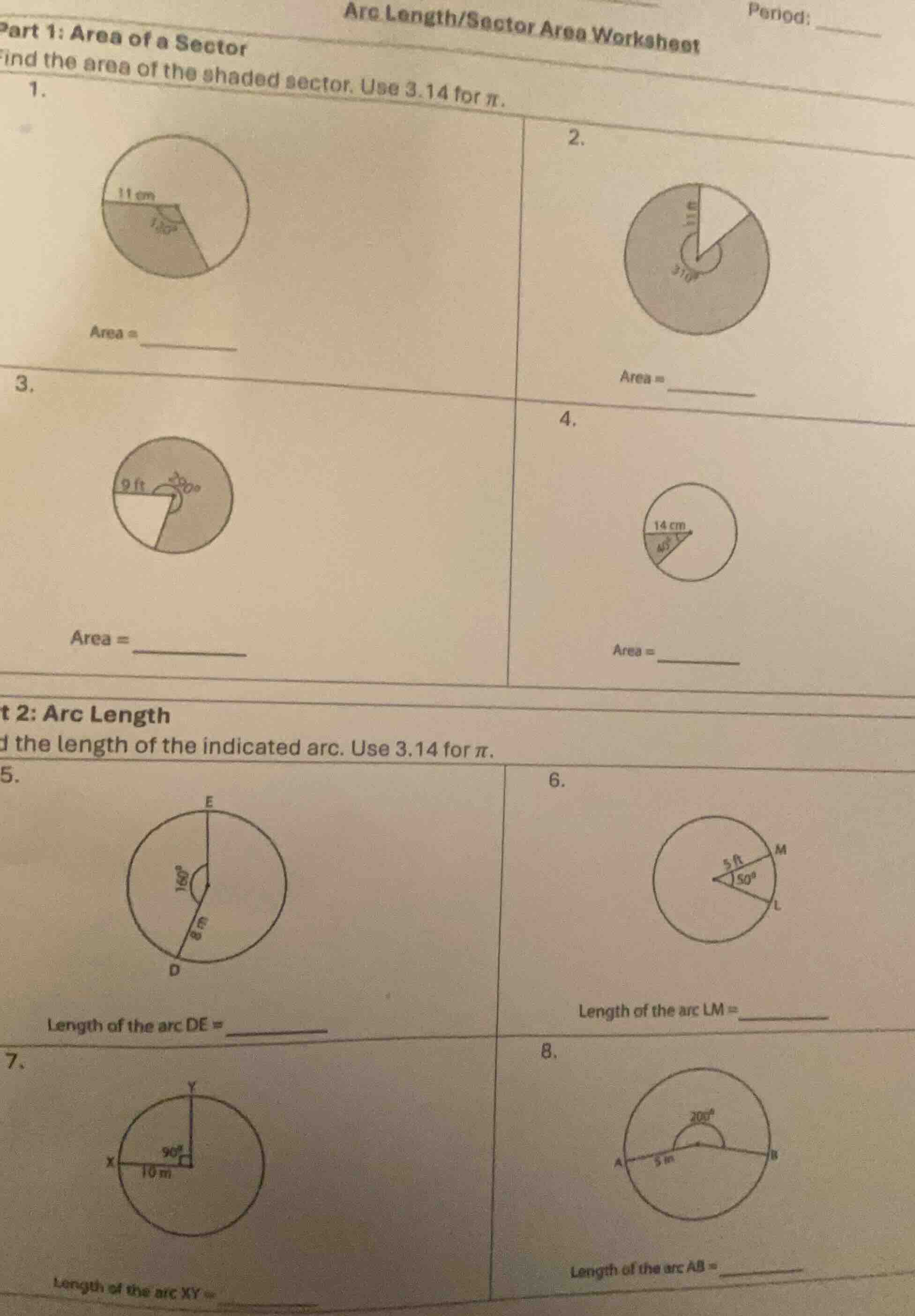 arc length/sector area worksheet period: _______ part 1: area of a sect…