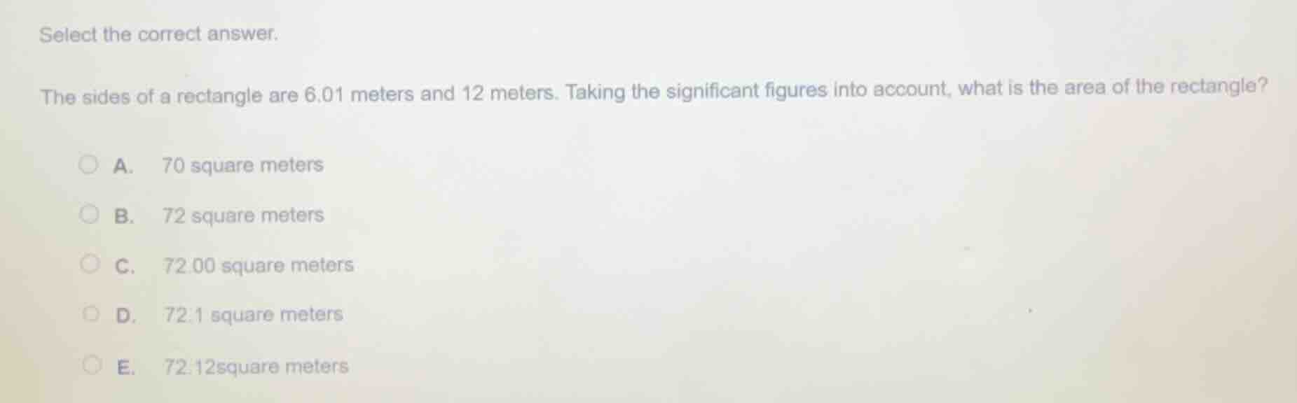 select the correct answer. the sides of a rectangle are 6.01 meters and…