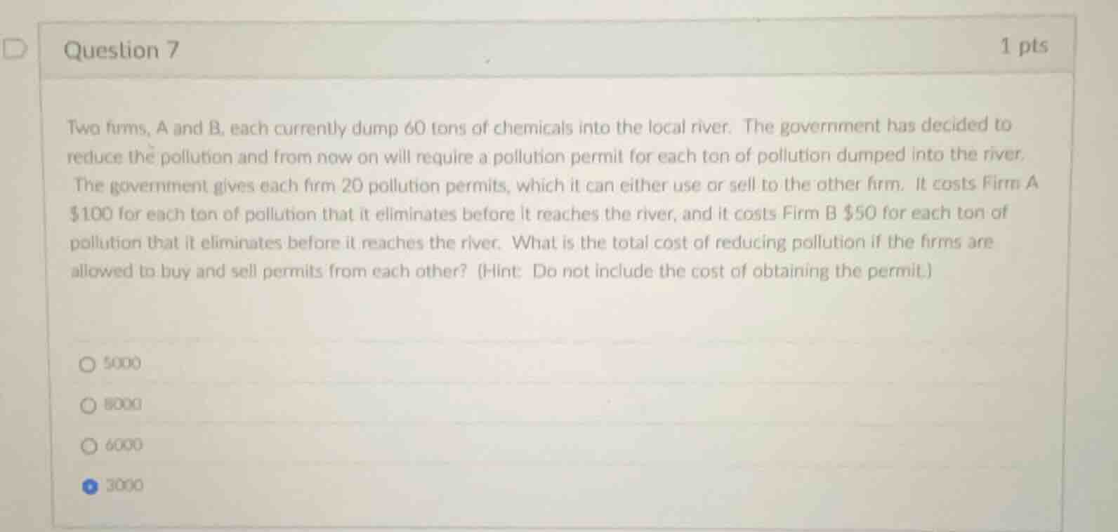 question 7 1 pts two firms, a and b, each currently dump 60 tons of che…