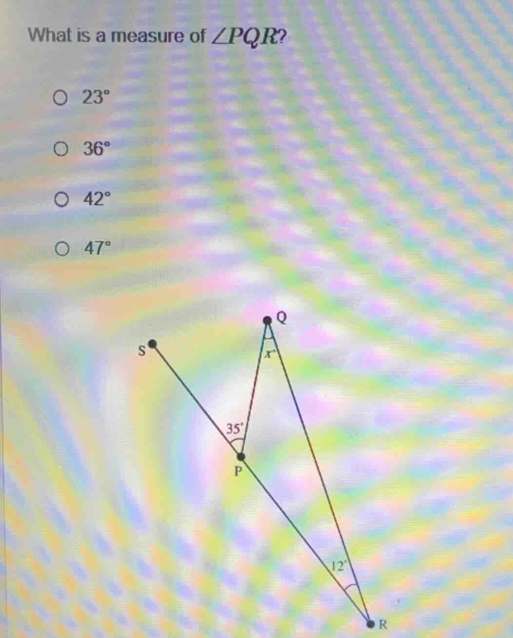 what is a measure of $angle pqr$? $\bigcirc$ $23^circ$ $\bigcirc$ $36^c…