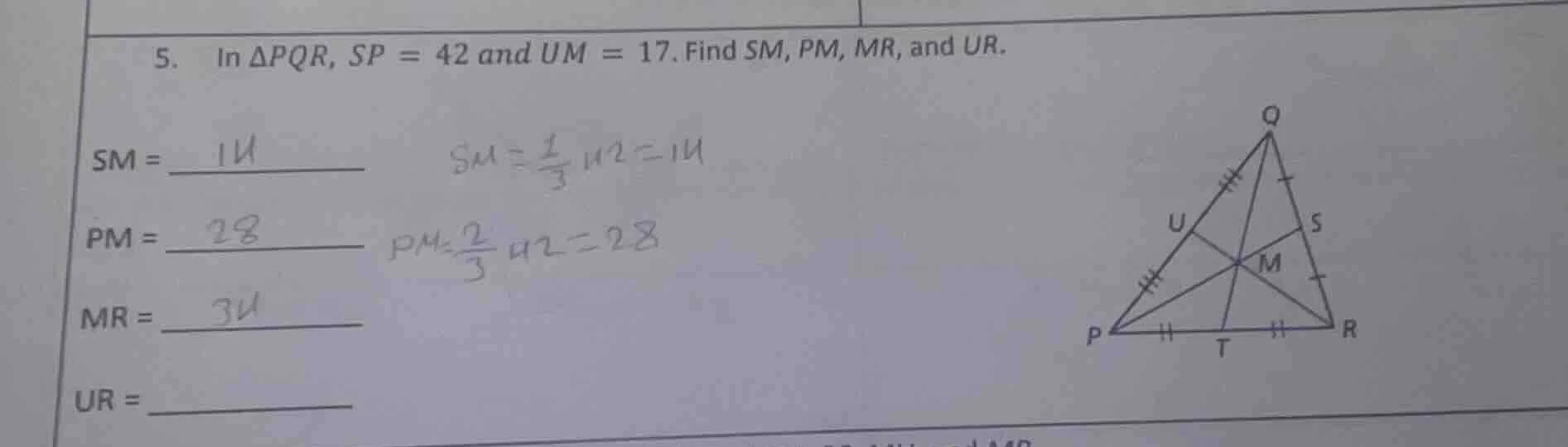 5. in $delta pqr$, $sp = 42$ and $um = 17$. find $sm$, $pm$, $mr$, and …