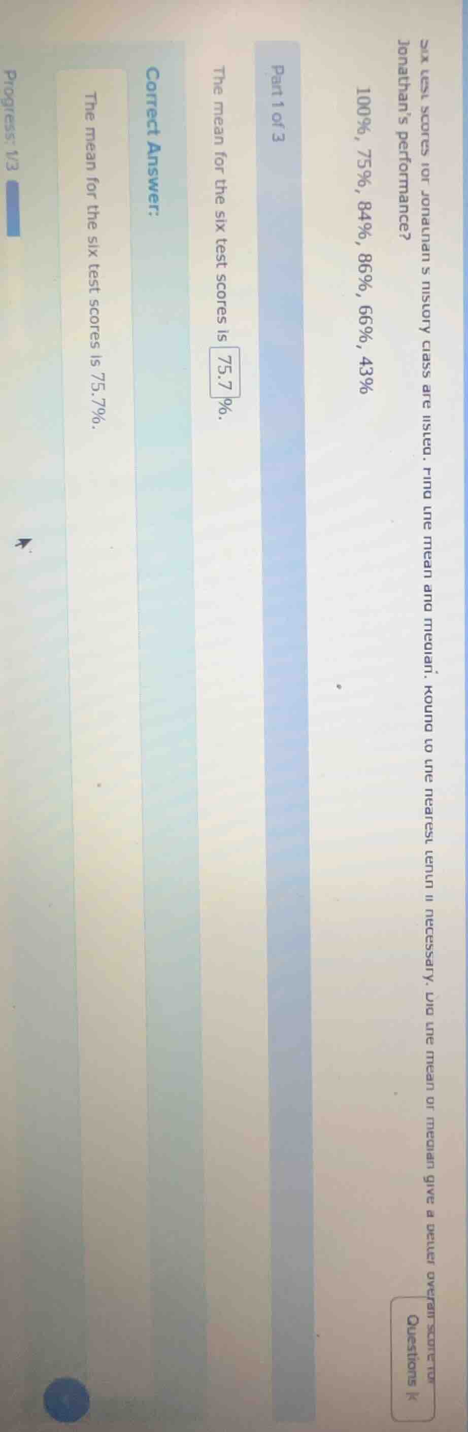 part 1 of 3 six test scores for jonathans history class are listed. fin…