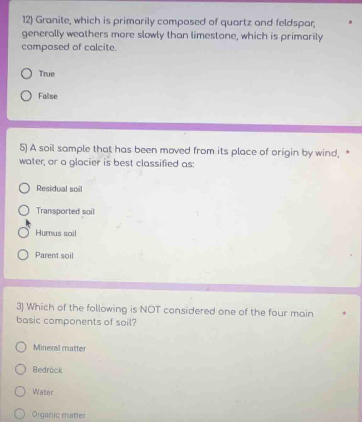 12) granite, which is primarily composed of quartz and feldspar, genera…