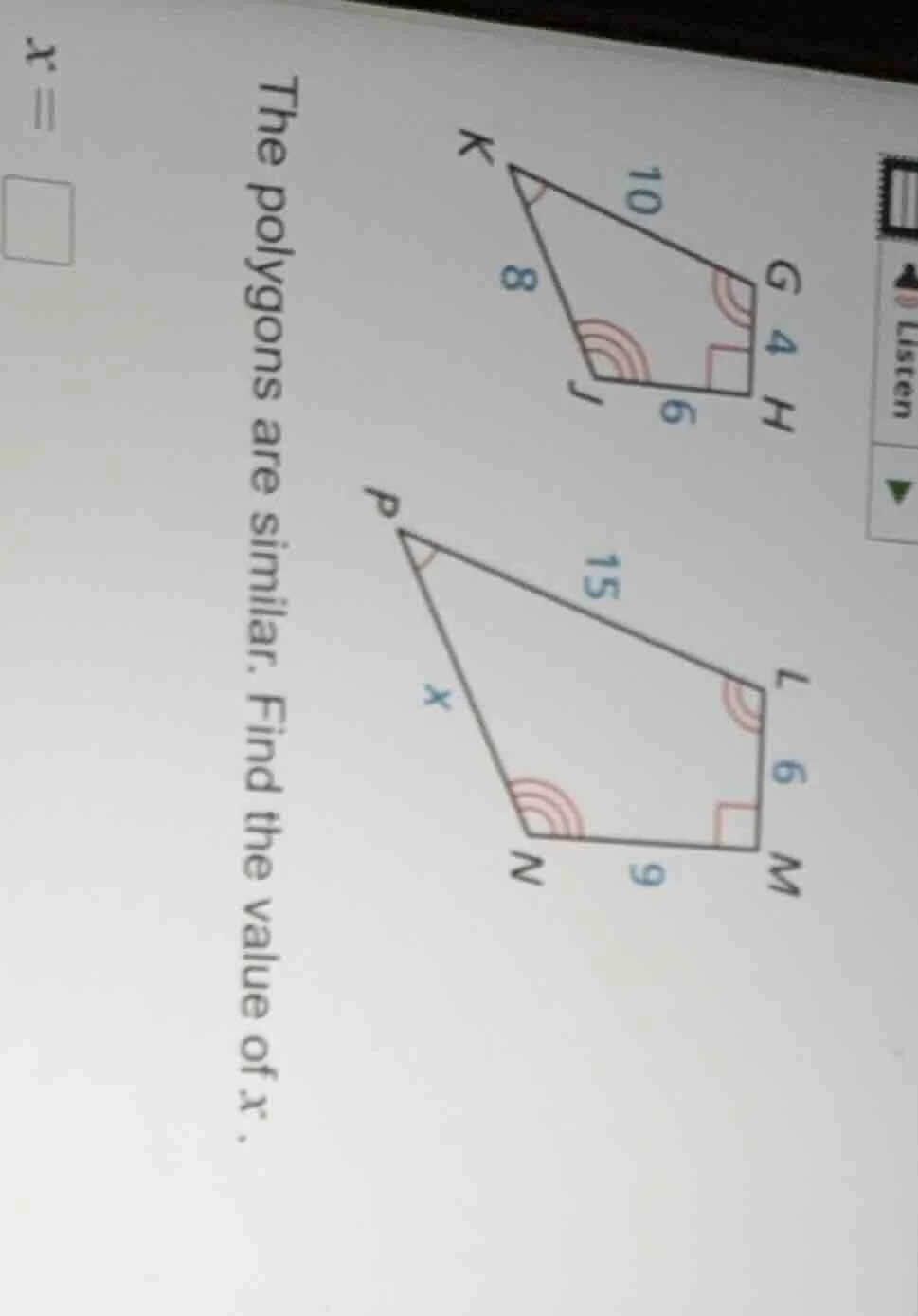 the polygons are similar. find the value of $x$. $x=\\square$