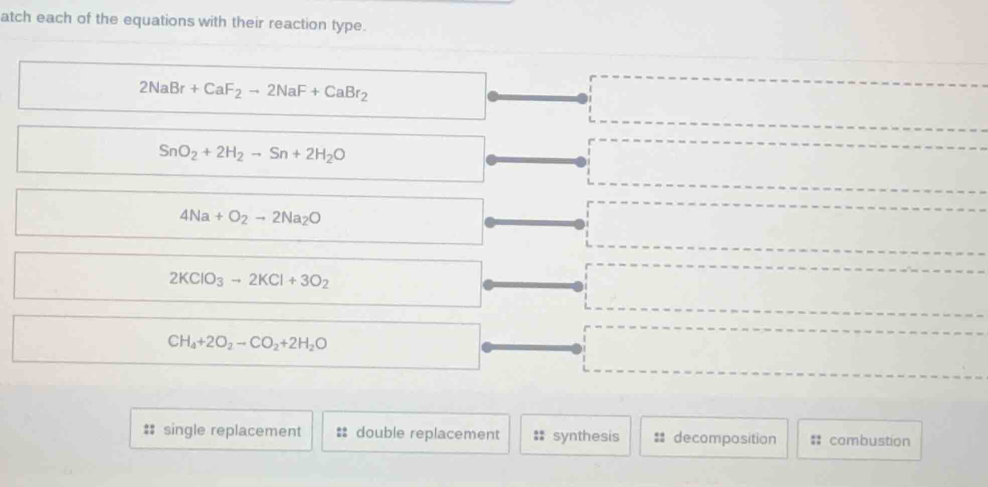 match each of the equations with their reaction type. $2\\text{nabr} + …