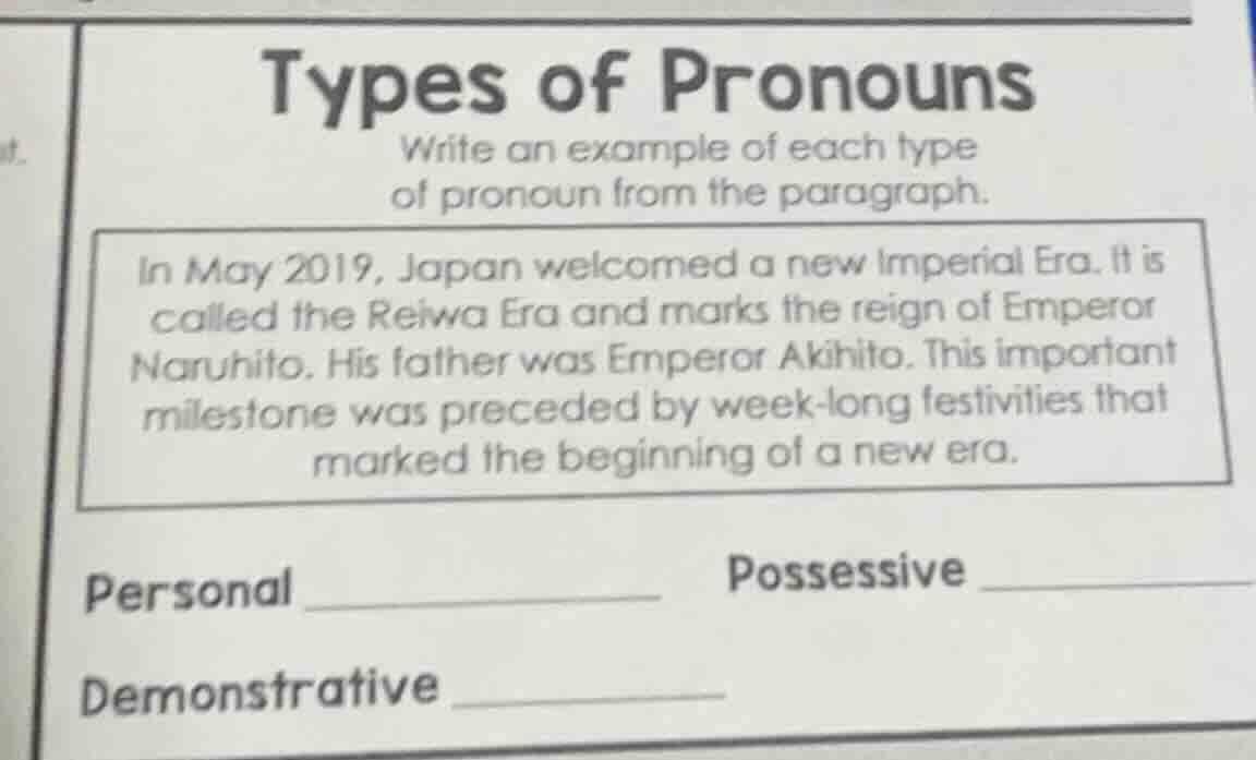 types of pronouns write an example of each type of pronoun from the par…