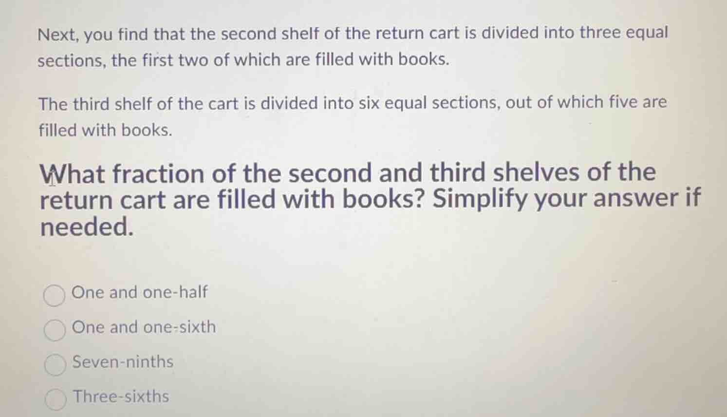 next, you find that the second shelf of the return cart is divided into…