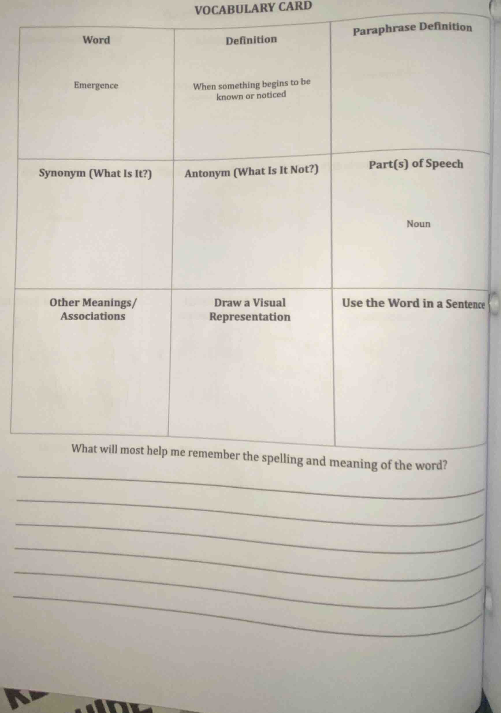 vocabulary card word: emergence definition: when something begins to be…