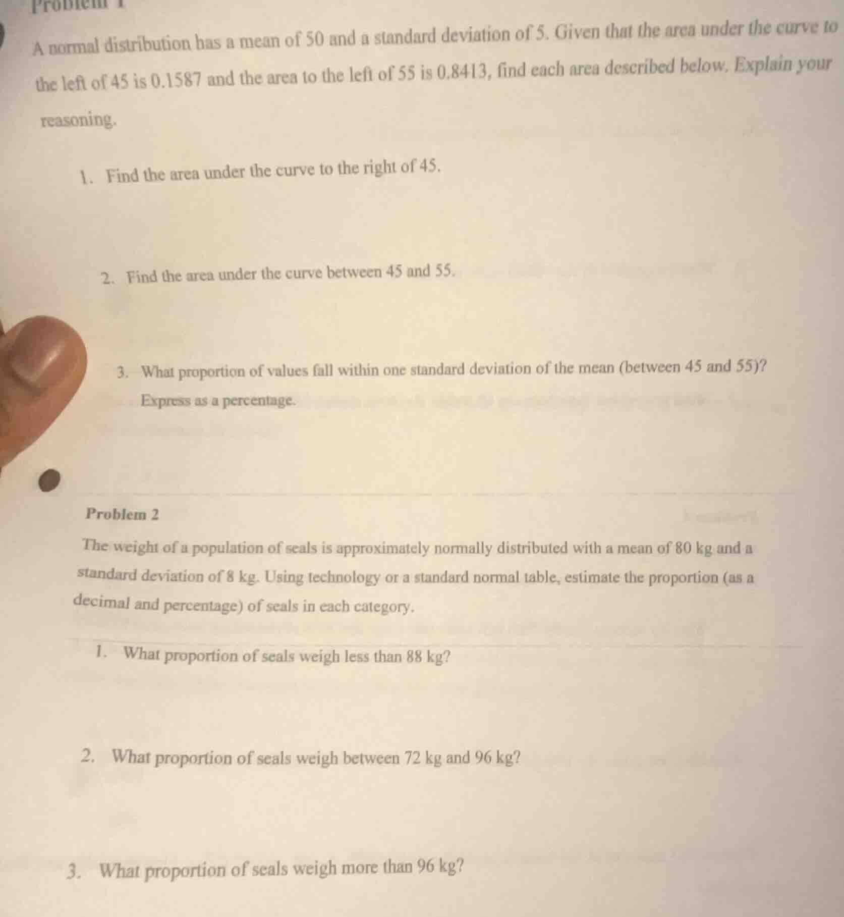 problem 1 a normal distribution has a mean of 50 and a standard deviati…