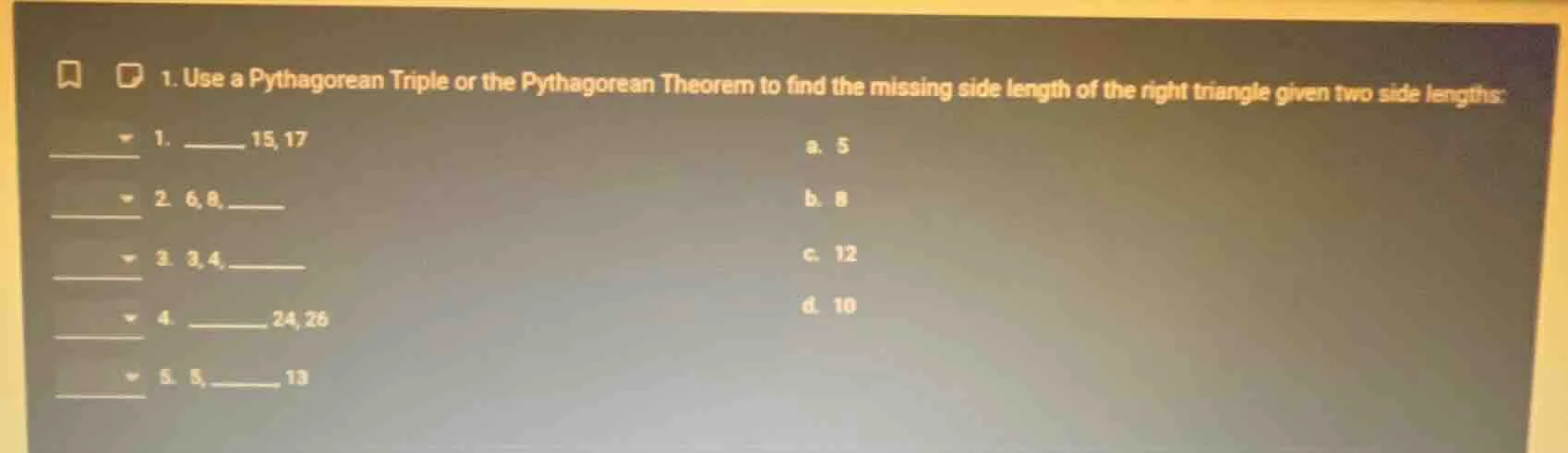 1. use a pythagorean triple or the pythagorean theorem to find the miss…