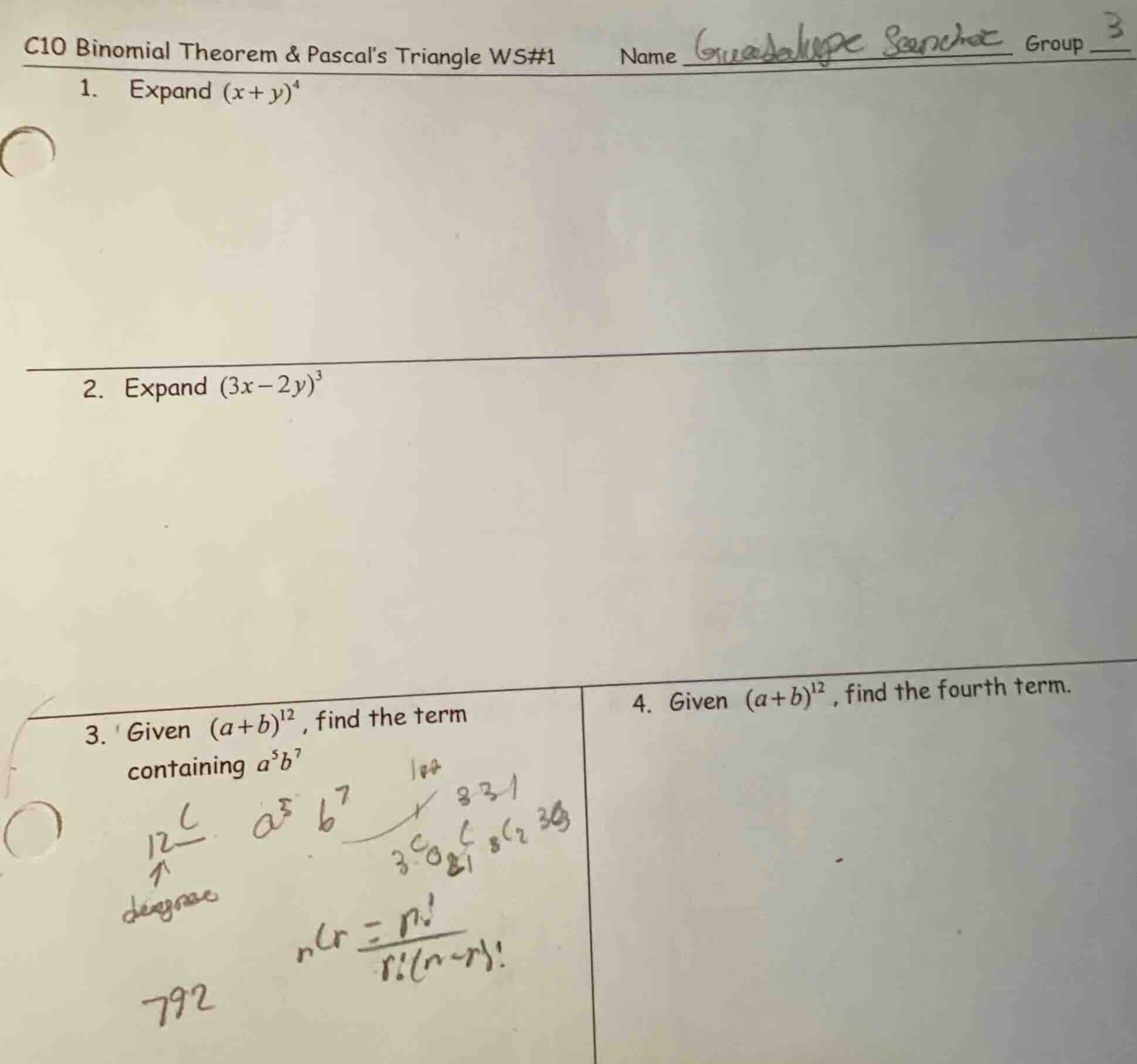 c10 binomial theorem & pascals triangle ws#1 name group 3 1. expand $(x…